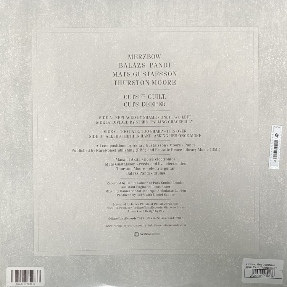 [19116] Merzbow, Mats Gustafsson, Balázs Pándi, Thurston Moore - Cuts Of Guilt, Cuts Deeper (2LP)