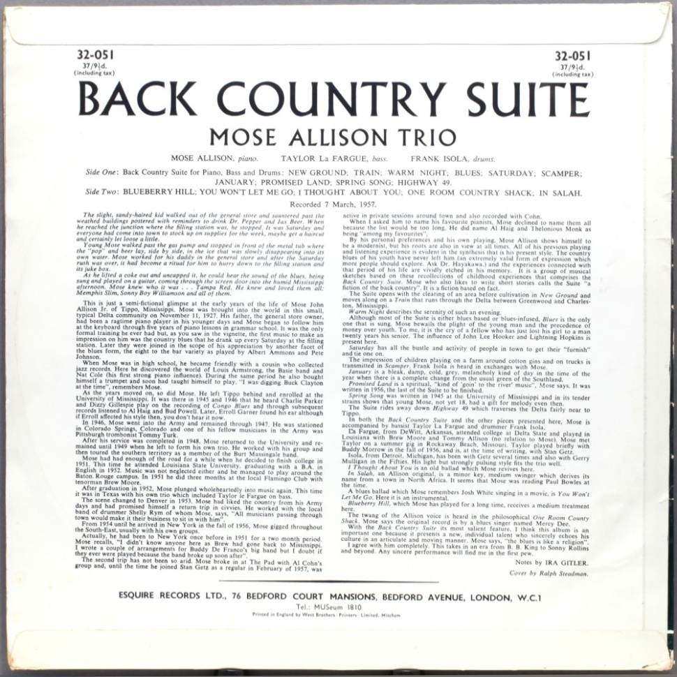 [11271] Mose Allison - Back Country Suite For Piano, Bass And Drums (LP)